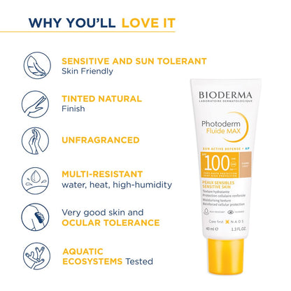 Bioderma sunscreen tube with features listed on a white background