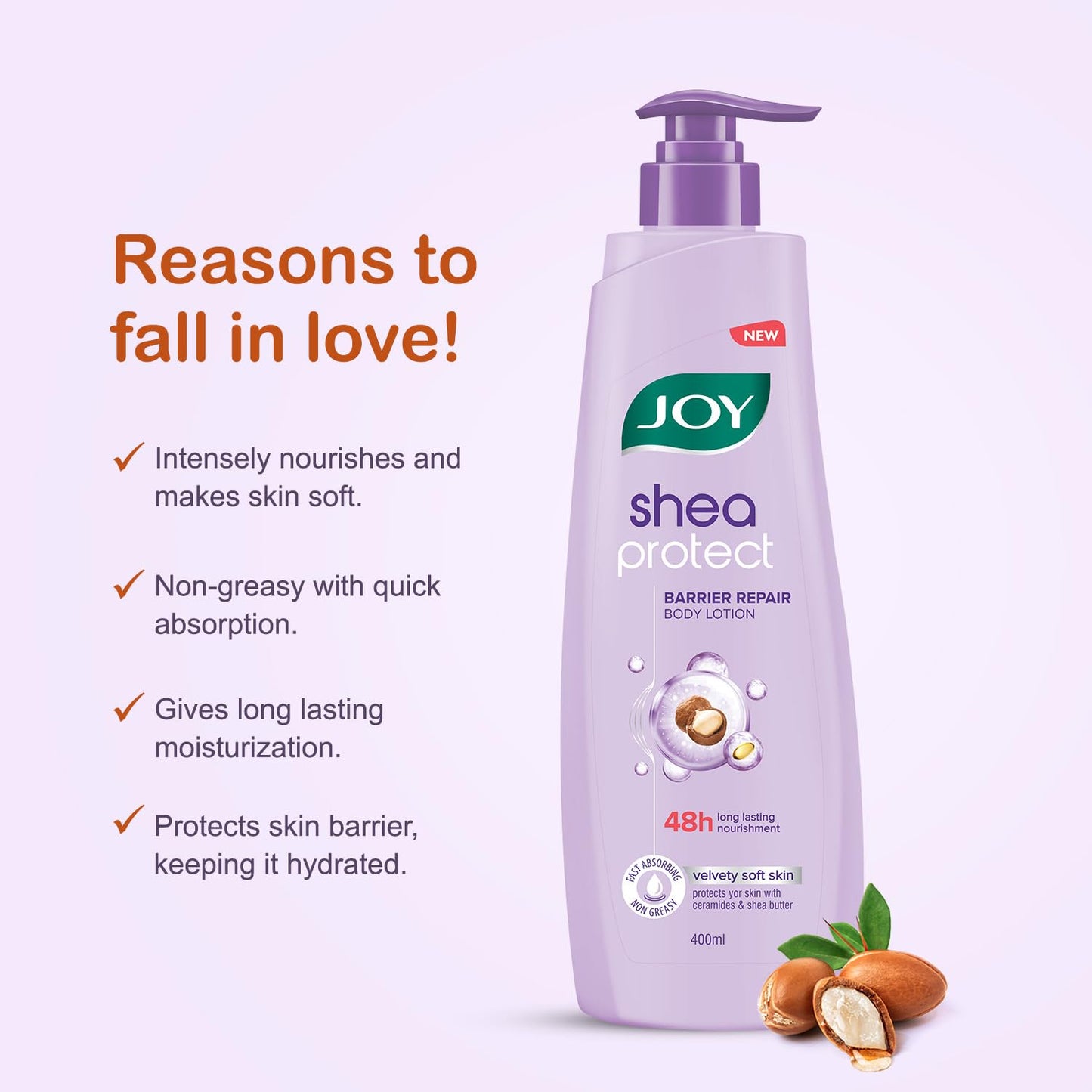 Joy Shea Protect Winter Body Lotion 400ml | For Skin Barrier Repair | 48 Hour Nourishment WIth Ceramide & Shea Butter | Fast Absorbing & Non Greasy Lotion | Velvety Soft Skin | For Normal to Dry Skin