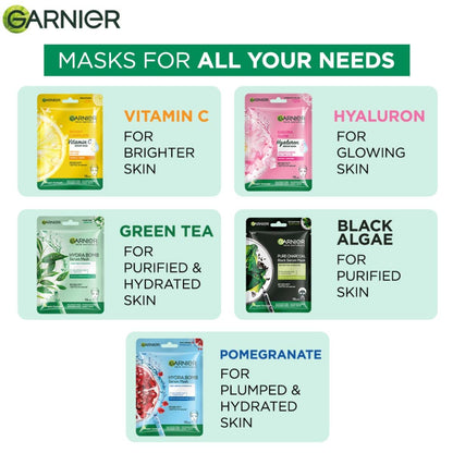 Garnier facial masks with various ingredients and benefits on a light green background