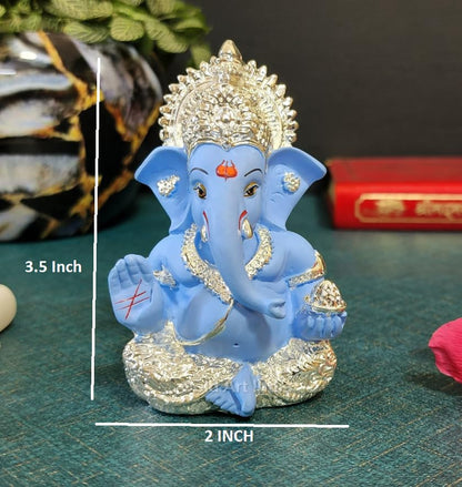Gold Art India 999 Silver Plated Idol for Ganesh Idol for Car Dashboard God Ganesha Idol for Home Decor Ganpati for Gift 3.5 inches (Silver) (Silver Sky Blue), Idol