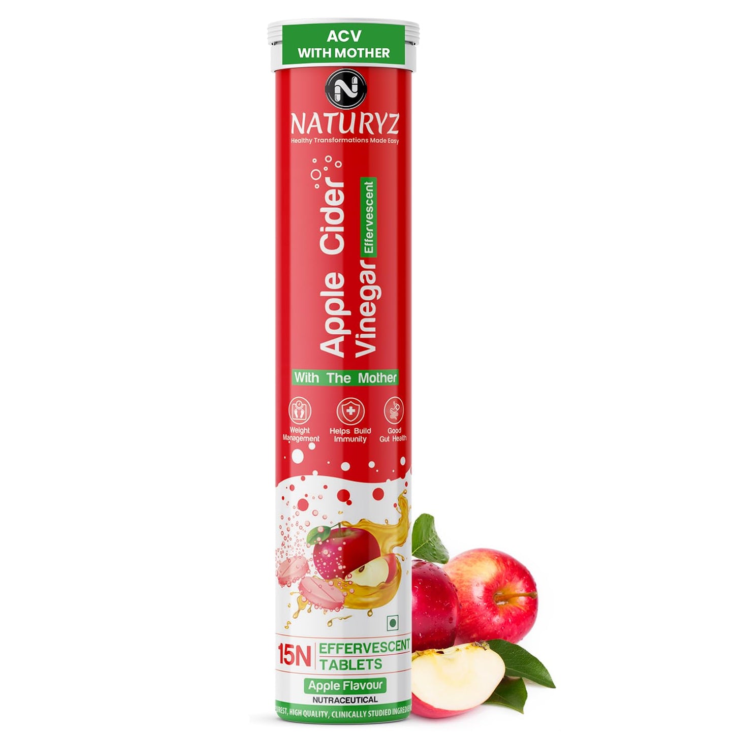 Naturyz Apple Cider Vinegar packaging with apples on a white background