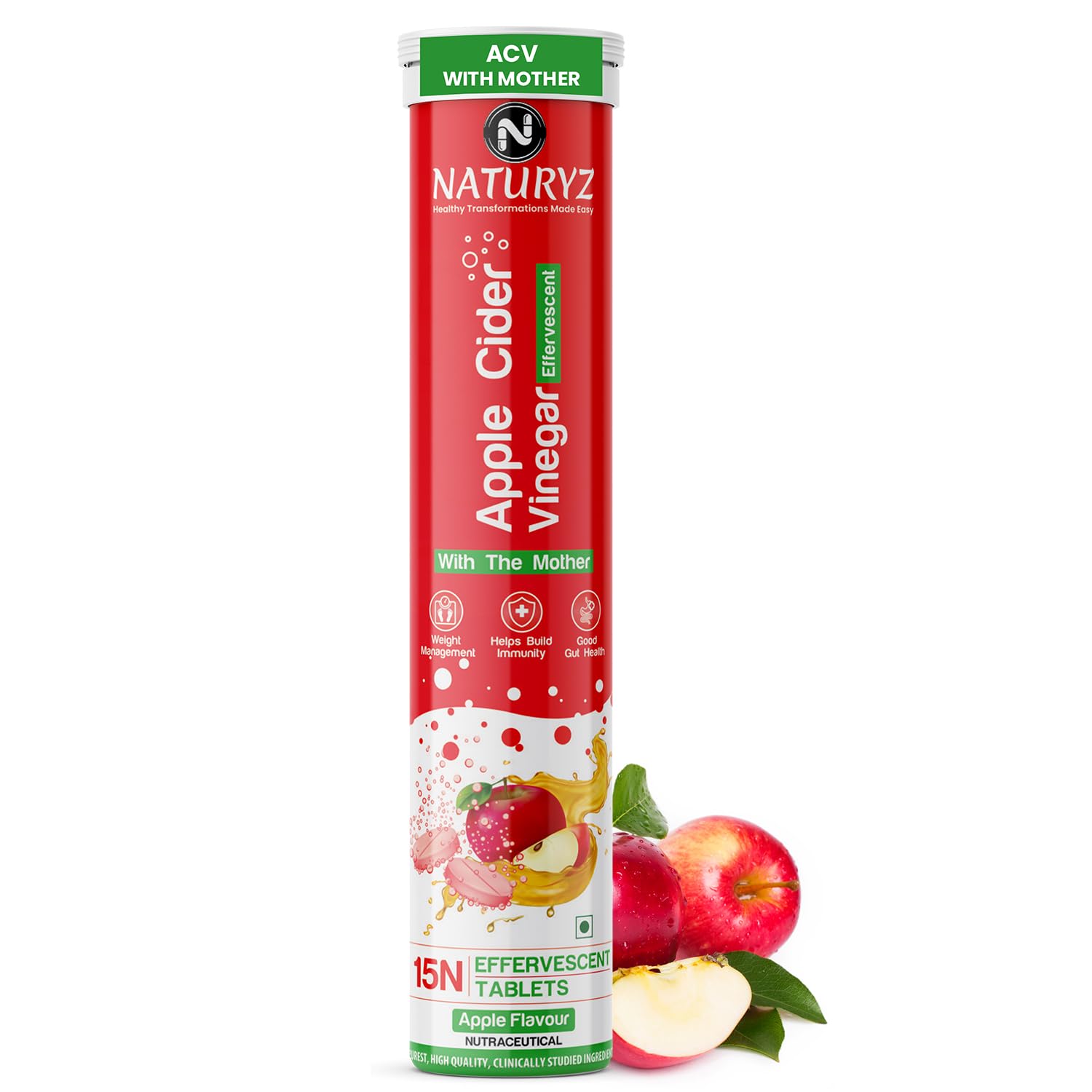 Naturyz Apple Cider Vinegar packaging with apples on a white background