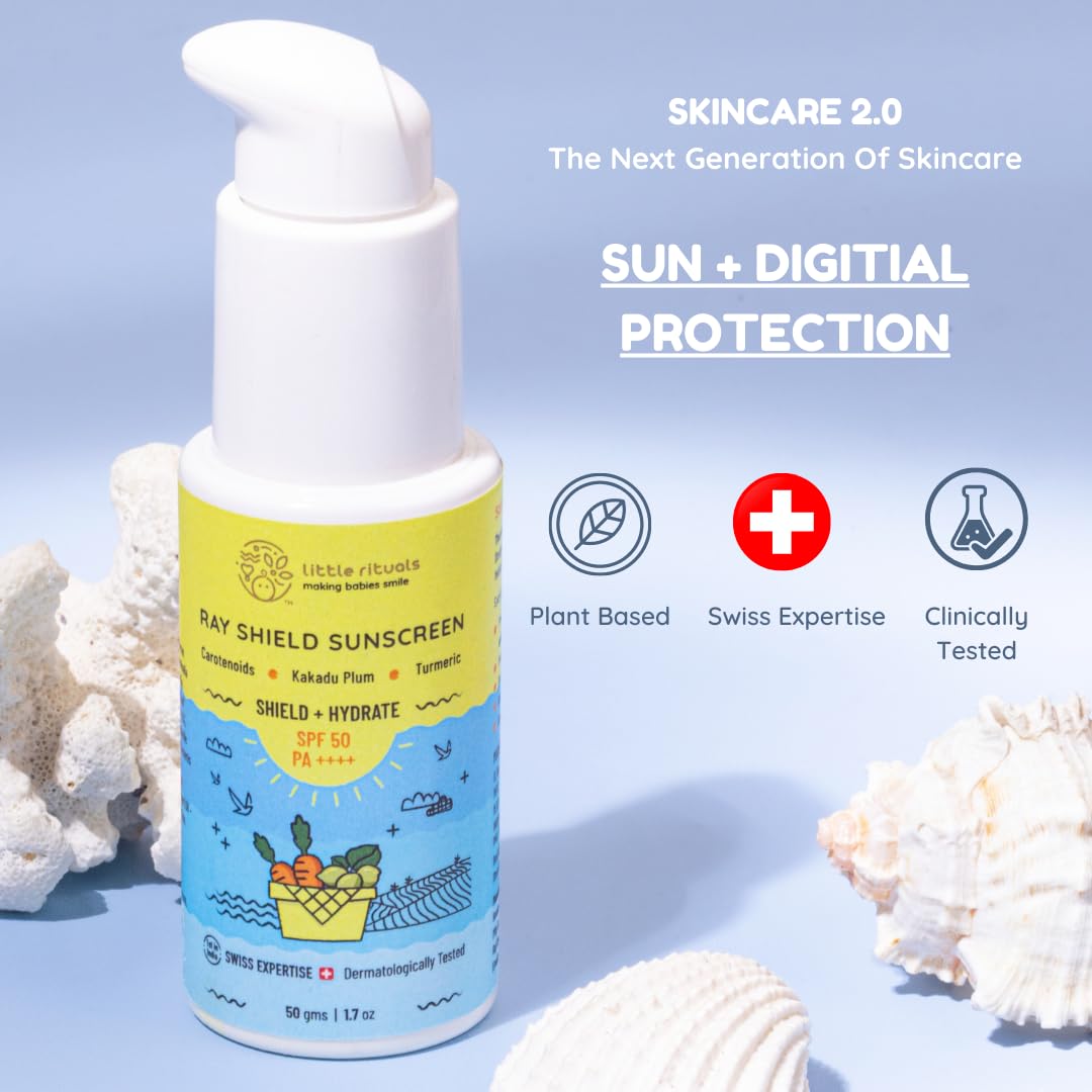 Little Rituals Baby Sunscreen for Kids 0-15 Yrs SPF 50 PA++++ Organic & Natural Lotion, UVA UVB IR, Blue Light, Wifi Radiation, Protection, Hypoallergenic, SWISS Tech, Daily Use Sunblock - 50gm