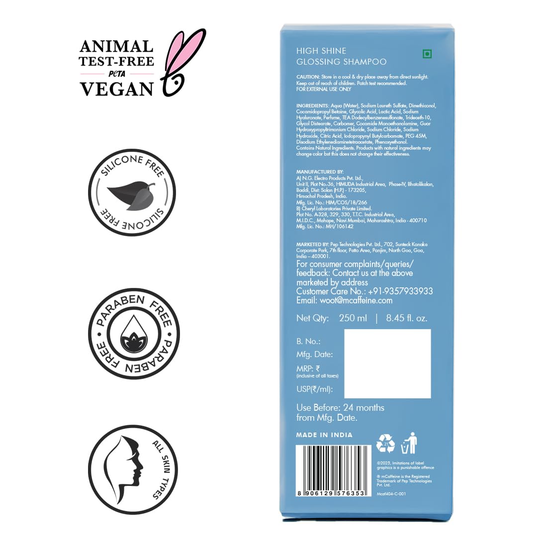 Back of a blue shampoo packaging with product details and certification logos on a white background