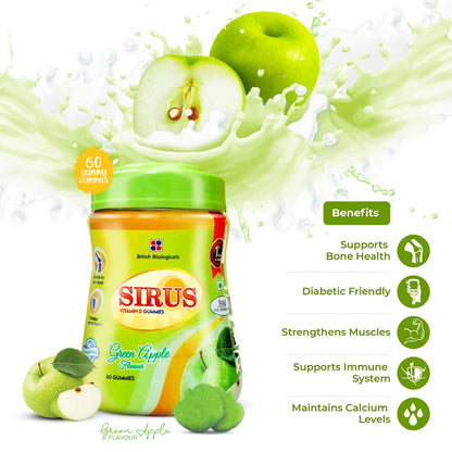 Sirus Green Apple-flavored supplement bottle with green apples and splash effects on a white background
