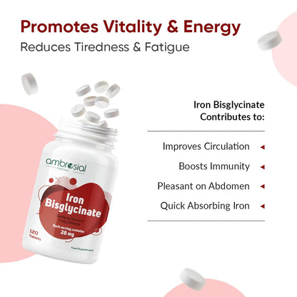 Ambrosial Iron Bisglycinate supplement bottle with product benefits on a light pink background