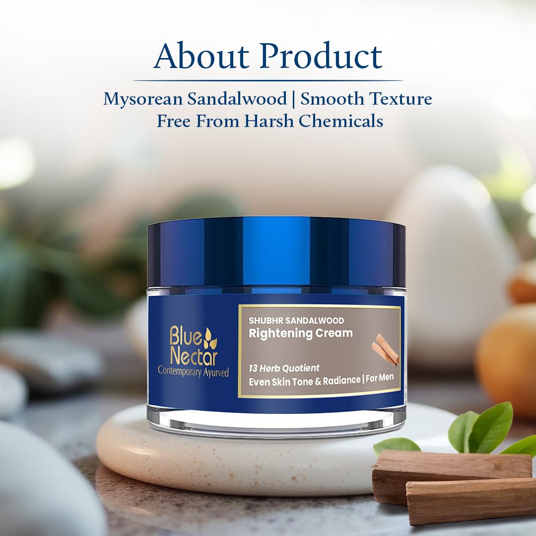 Blue Nectar Ayurvedic Sandalwood Radiance and Skin Brightening Cream | Moisturizing Day Cream for Men for Daily Use | Plant Based Face Cream for Men (13 Herbs, 50g)