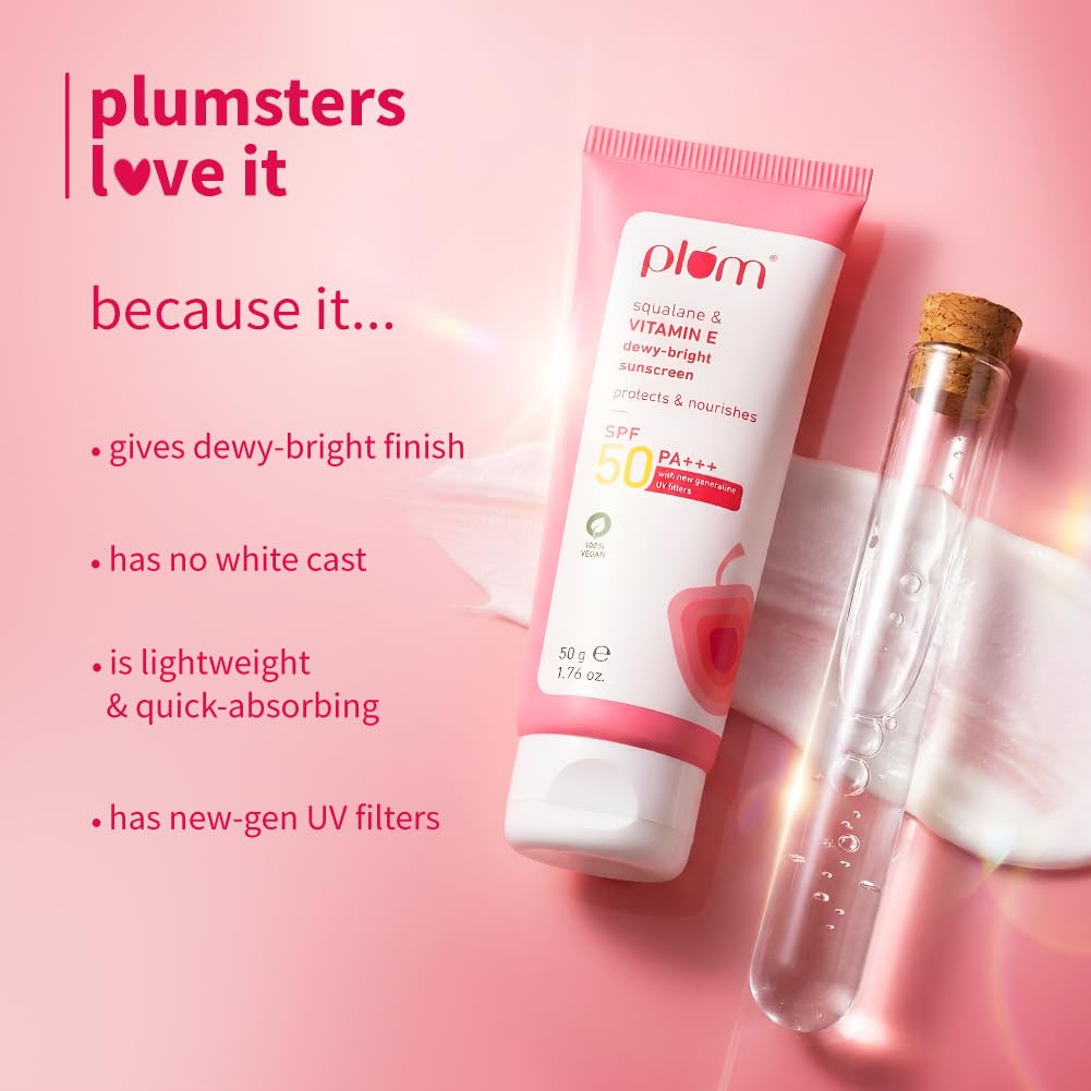 Plum Squalane&Vitamin E Dewy-Bright Sunscreen Spf 50 Pa+++|No White Cast,Lightweight,Non-Sticky|All Skin Types|Sunscreen For Women&Men|100% Vegan|50 G