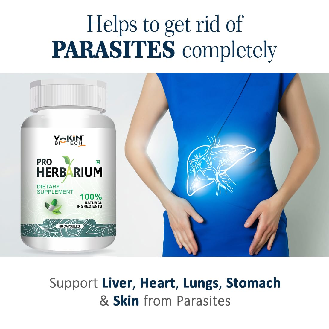Supplement bottle labeled 'Pro Herbarium' with a graphic of a person's abdomen and highlighted organs on a white background.