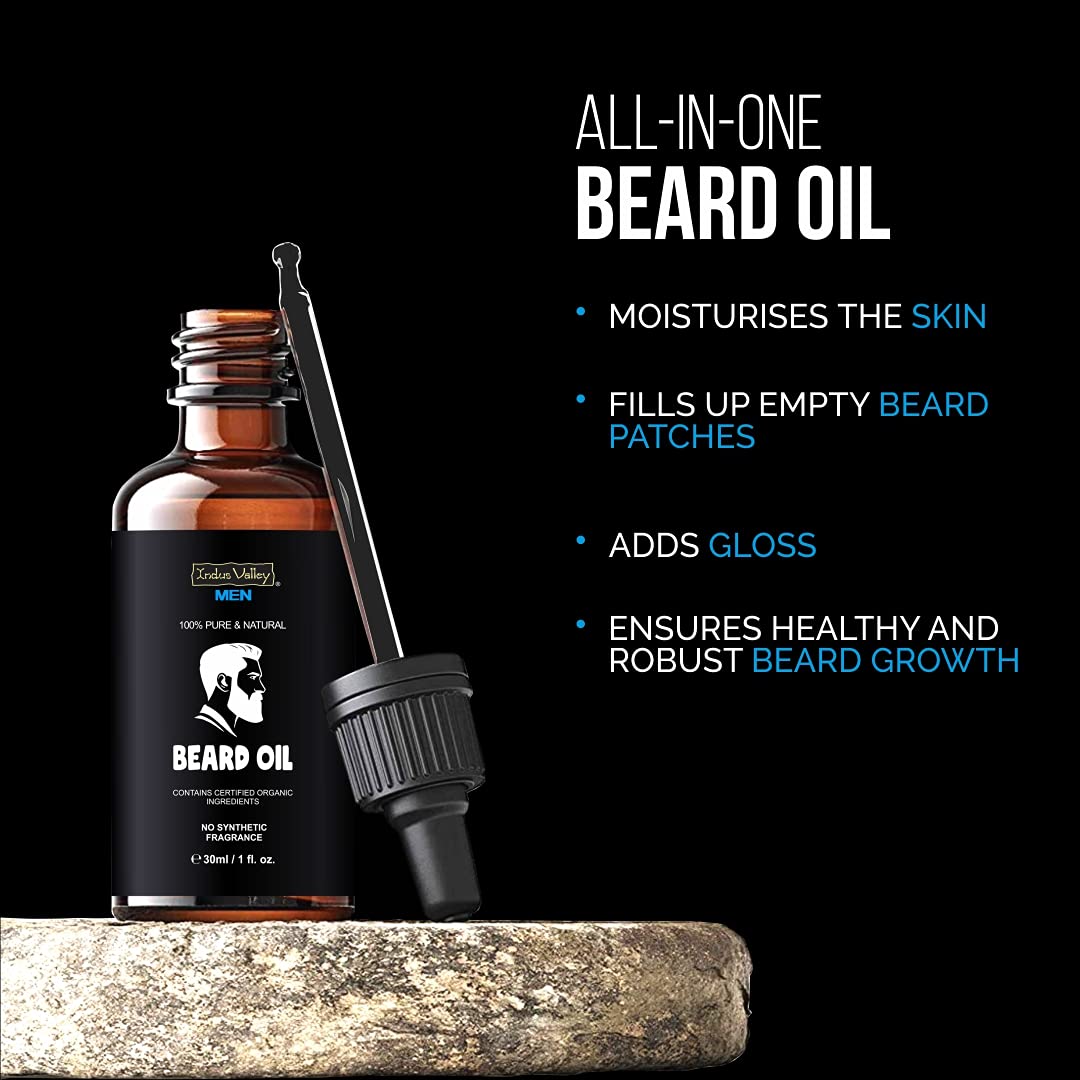 Beard oil bottle with dropper on a dark background, featuring product benefits.