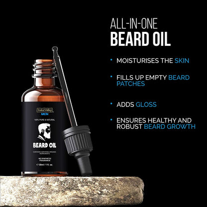 Beard oil bottle with dropper on a dark background, featuring product benefits.
