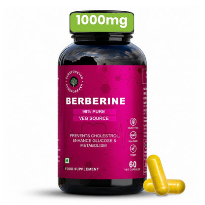 CUREFOREVER 99% Pure Berberine Capsule 1000mg (60 Veg Capsules) - Berberine Supplement Supports Cholestrol, Glucose & Metabolism | 30 Days Serving - High Strength, Berberis Vulgaris - 60 Count