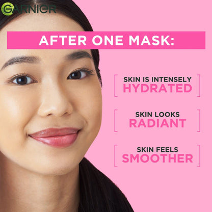 Garnier ad with a woman's face on a pink background, showing the benefits of using one mask.