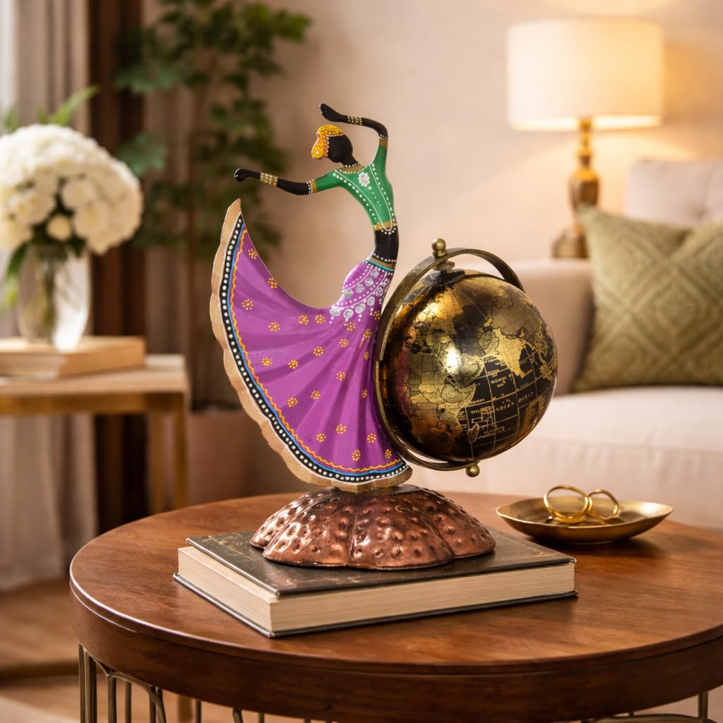 Home and Office Decorative Globe Metal Table Top Showpiece Globe, Home Rajasthani Dancing Lady Decoration items, Decor and Gift for Living Room, Bedroom, Showcase, Desk Gifts for Woman Man
