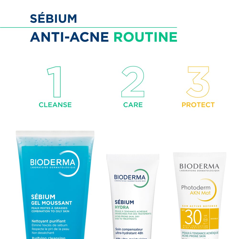 Bioderma Sébium anti-acne routine with three steps on a white background