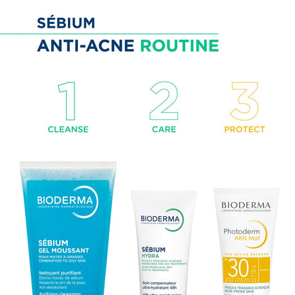 Bioderma Sébium anti-acne routine with three steps on a white background