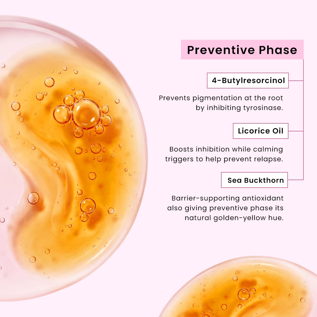Close-up of skin with oil texture and text about preventive skincare phase.