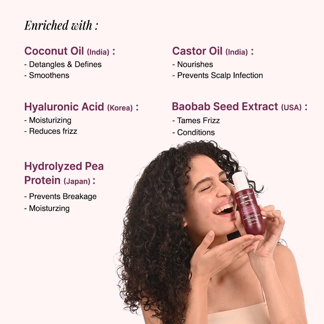Woman holding a bottle of hair product with text about ingredients on a white background