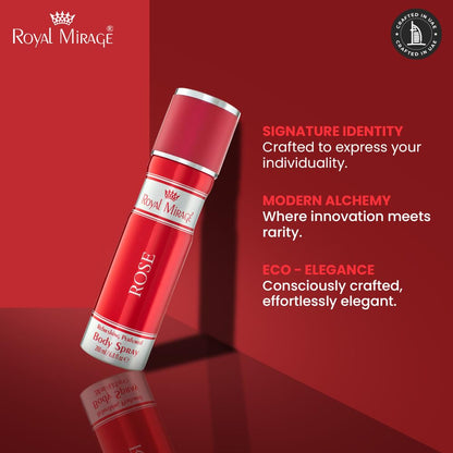 Red body spray bottle with 'Royal Mirage' branding on a red background, featuring brand values text.