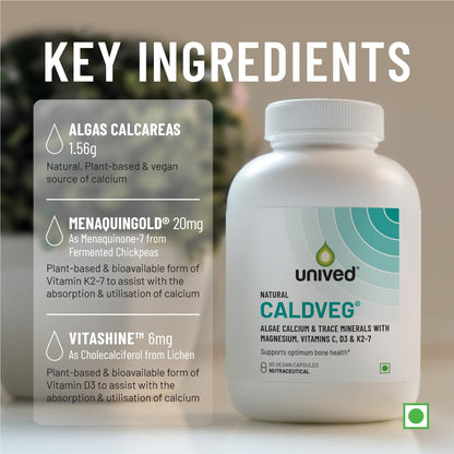 Zephivo Unived Caldveg | Wholefood Plant-Based Calcium, Magnesium & 73 Trace Minerals, Vit D3 (Lichen), Vit K2-7 (Menaquingold) | Complete Supplement For Bone Health & Healthy Ageing, Capsule
