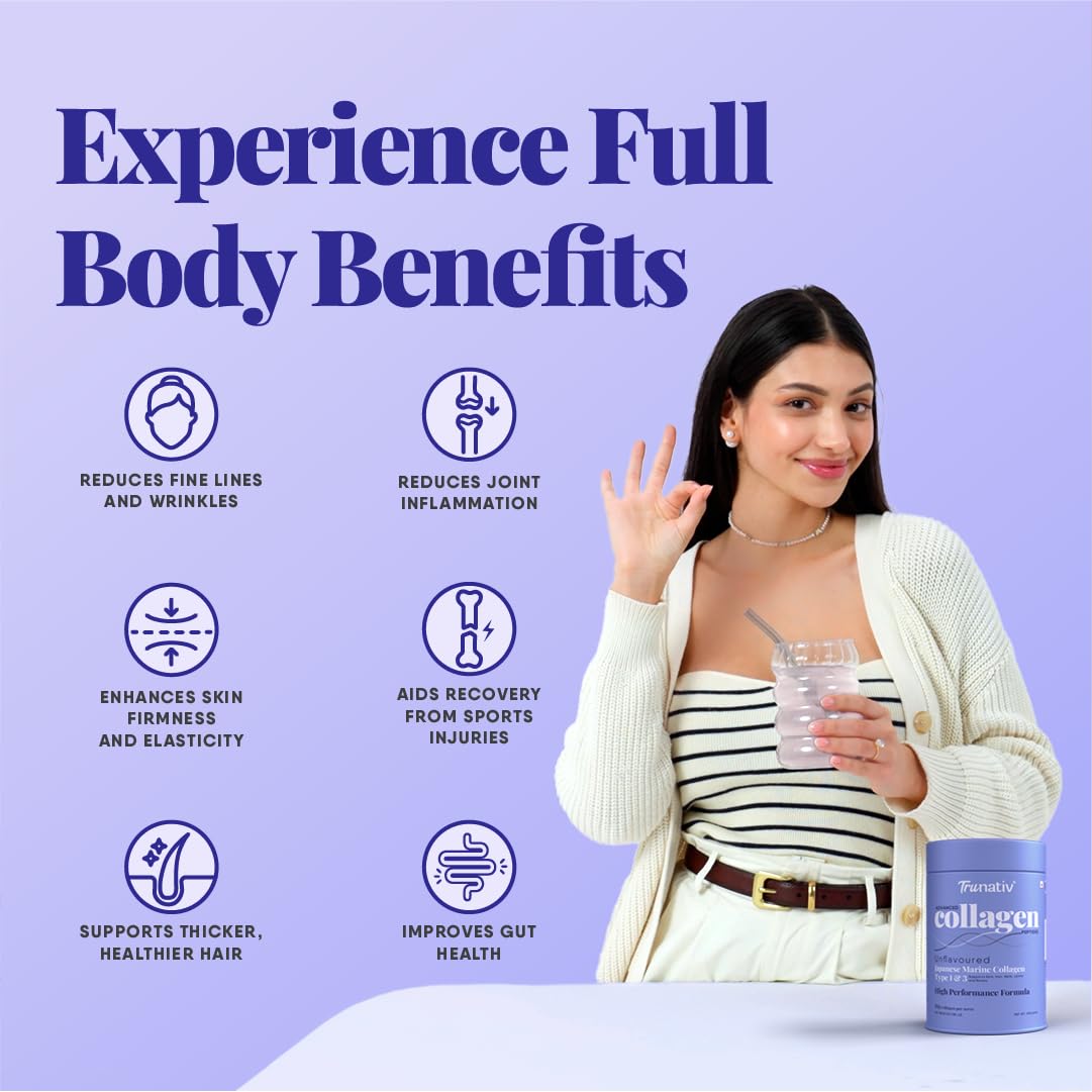 Trunativ Collagen Supplements | Advanced Japanese Marine Collagen Powder for Women & Men | Type 1 and 3 Hydrolyzed Peptides | Supplement with Hyaluronic Acid | Supports Skin Glow, Hair Growth, and Nail Strength | Unflavoured | 60g (Pack of 1)