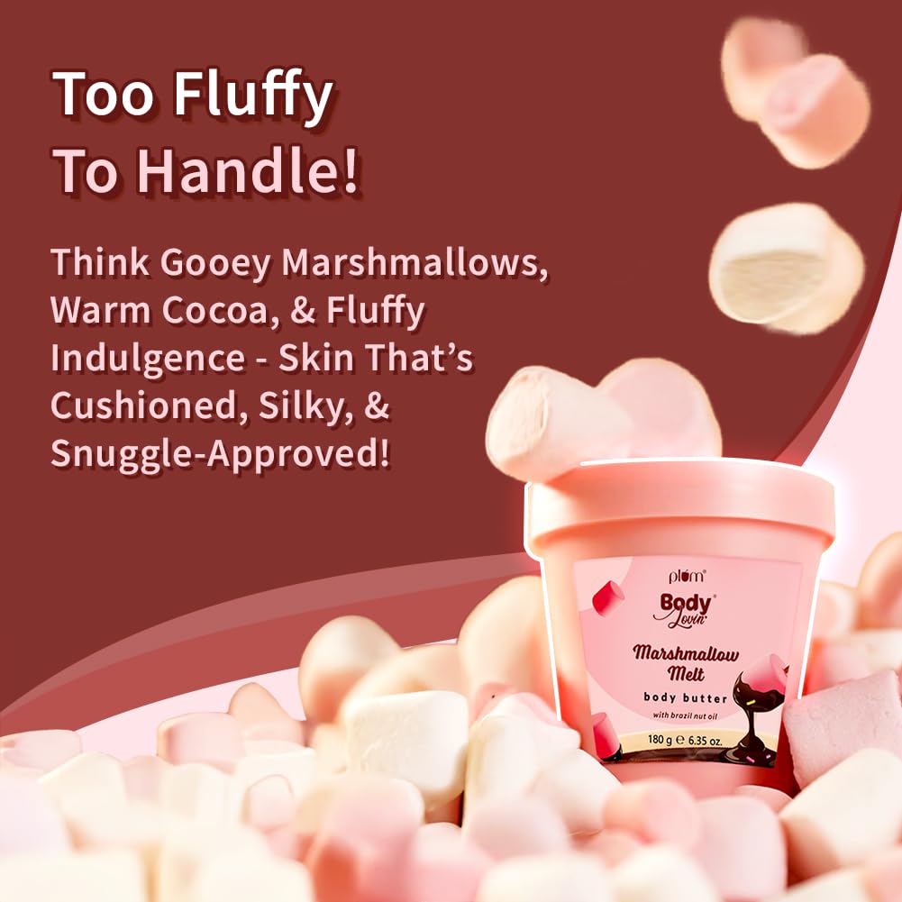 Plum BodyLovin' Marshmallow Melt Body Butter | Shea Butter & Brazil Nut Oil for Deep Moisturization | Non-Greasy & Lightweight | Buttery Soft, Smooth & Moisturised Skin | For Dry To Very Dry Skin | Cozy Cocoa Fragrance | 180gm