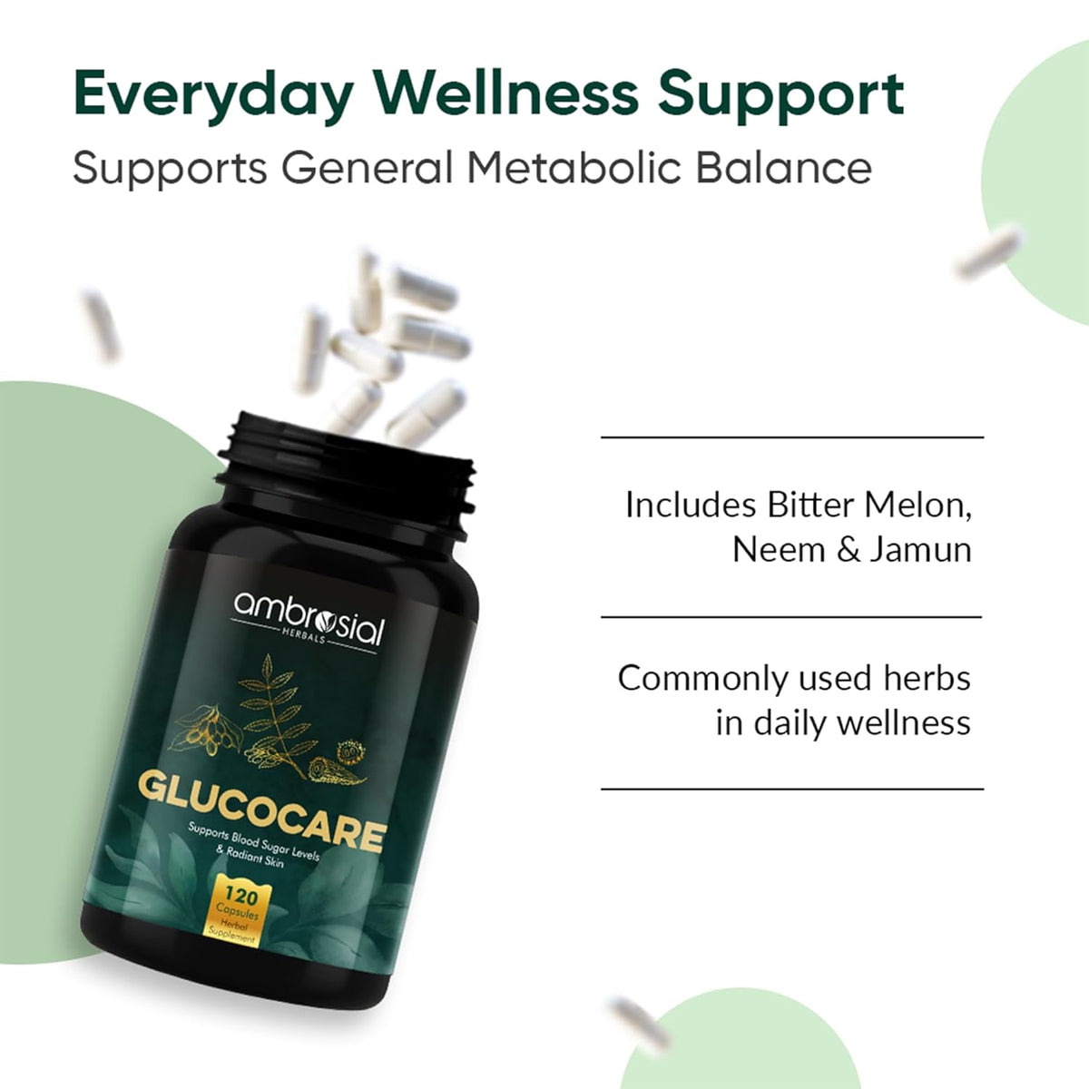 Glucocare supplement bottle with text about everyday wellness support and metabolic balance.