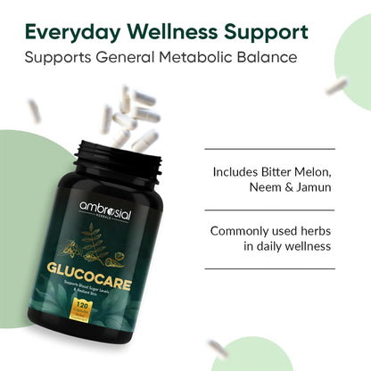 Glucocare supplement bottle with text about everyday wellness support and metabolic balance.