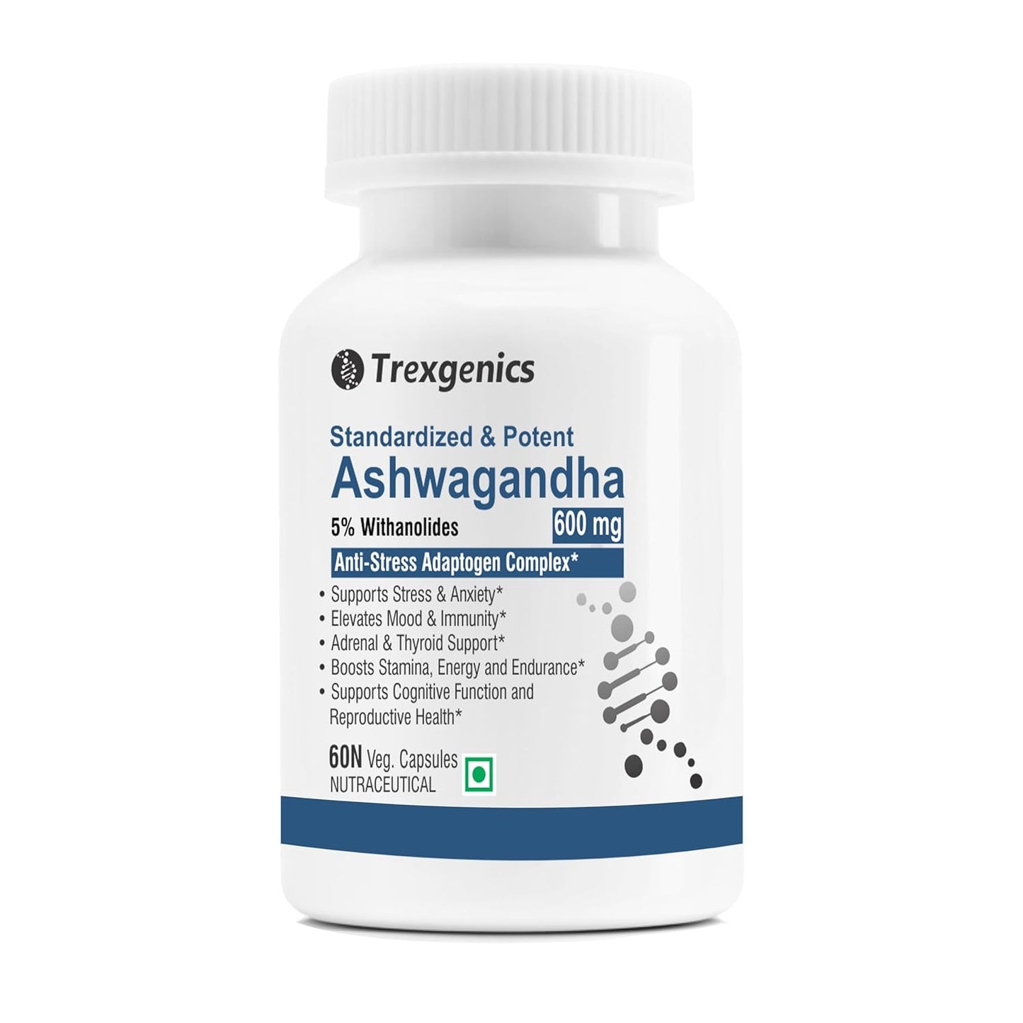 Trexgenics Ashwagandha supplement bottle on a white background