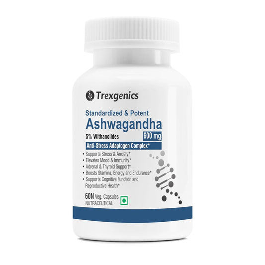 Trexgenics Ashwagandha supplement bottle on a white background