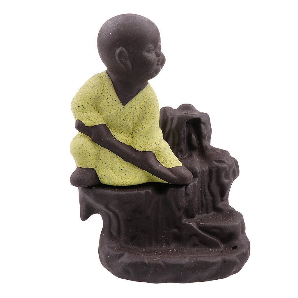 eCraftIndia Karate Style Monk Buddha Smoke Backflow Cone Decorative Incense Holder (7 cm x 7 cm x 12, Yellow)