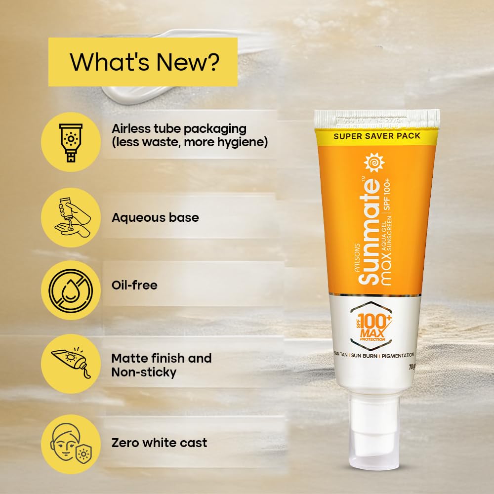 Sunmate Max SPF 100+ PA++++ Broad Spectrum Sunscreen | Oil-Free, Matte Finish, Zero White Cast | For Pigmented & Sensitive Skin | 70 GM