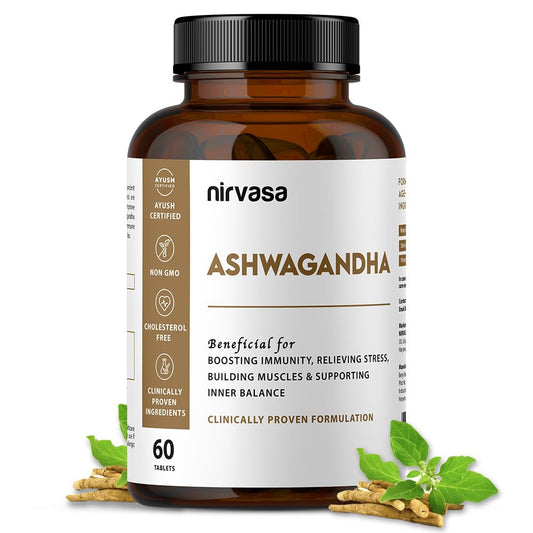 Nirvasa Ashwagandha Tablets (500mg, 60 Tabs) | Natural Ashwagandha Extract | Reduces Stress & Anxiety | Boosts Immunity, Energy & Sleep Quality | Supports Muscle Strength & General Wellness