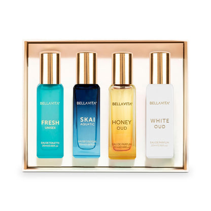 Four Bellavita perfume bottles in a decorative box on a white background