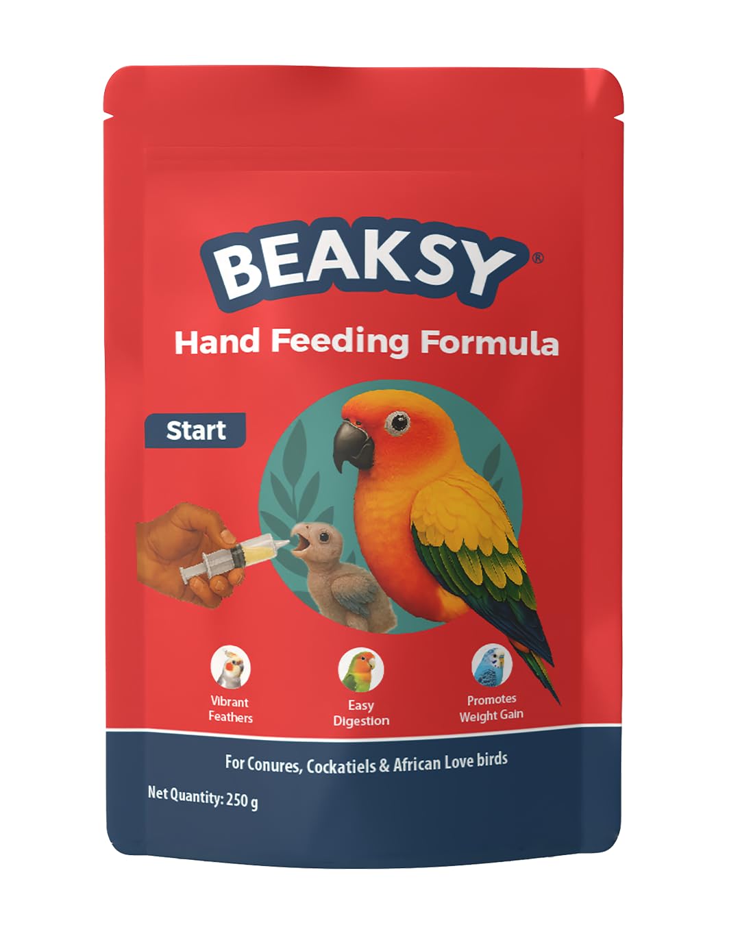 BEAKSY Start Hand Feeding Formula for Baby Birds | for Conures, Cockatiels & Love Birds | Promotes Weight Gain, Vibrant Feathers & Easy Digestion (250gm)