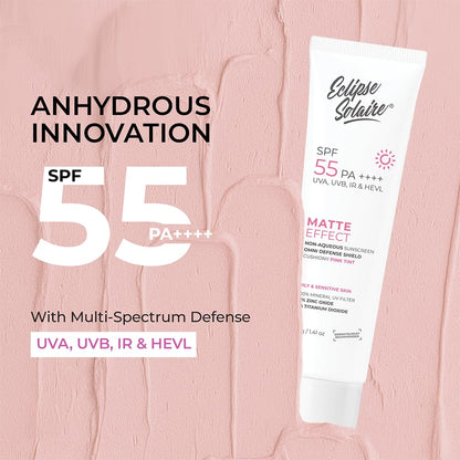 Matte Sunscreen SPF 55 PA++++ | Lightweight, No White Cast, Waterproof & Sweat Resistant Tinted Sunscreen for Oily, Acne-Prone & Sensitive Skin – 40g