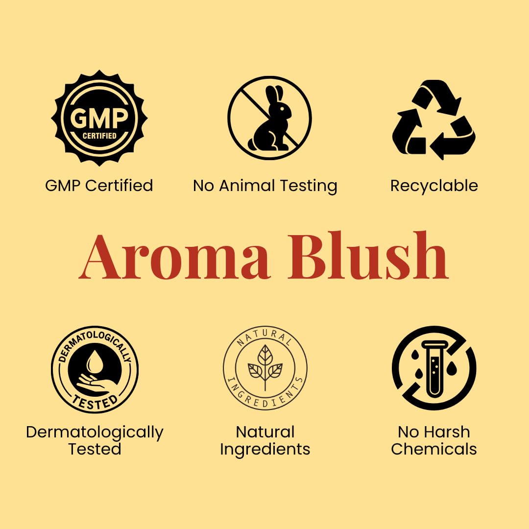 Certification logos for Aroma Blush on a beige background