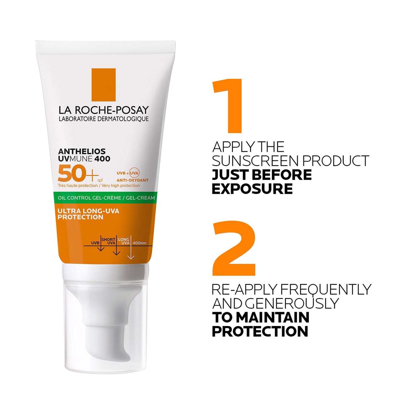 La Roche-Posay sunscreen tube with application instructions on a white background