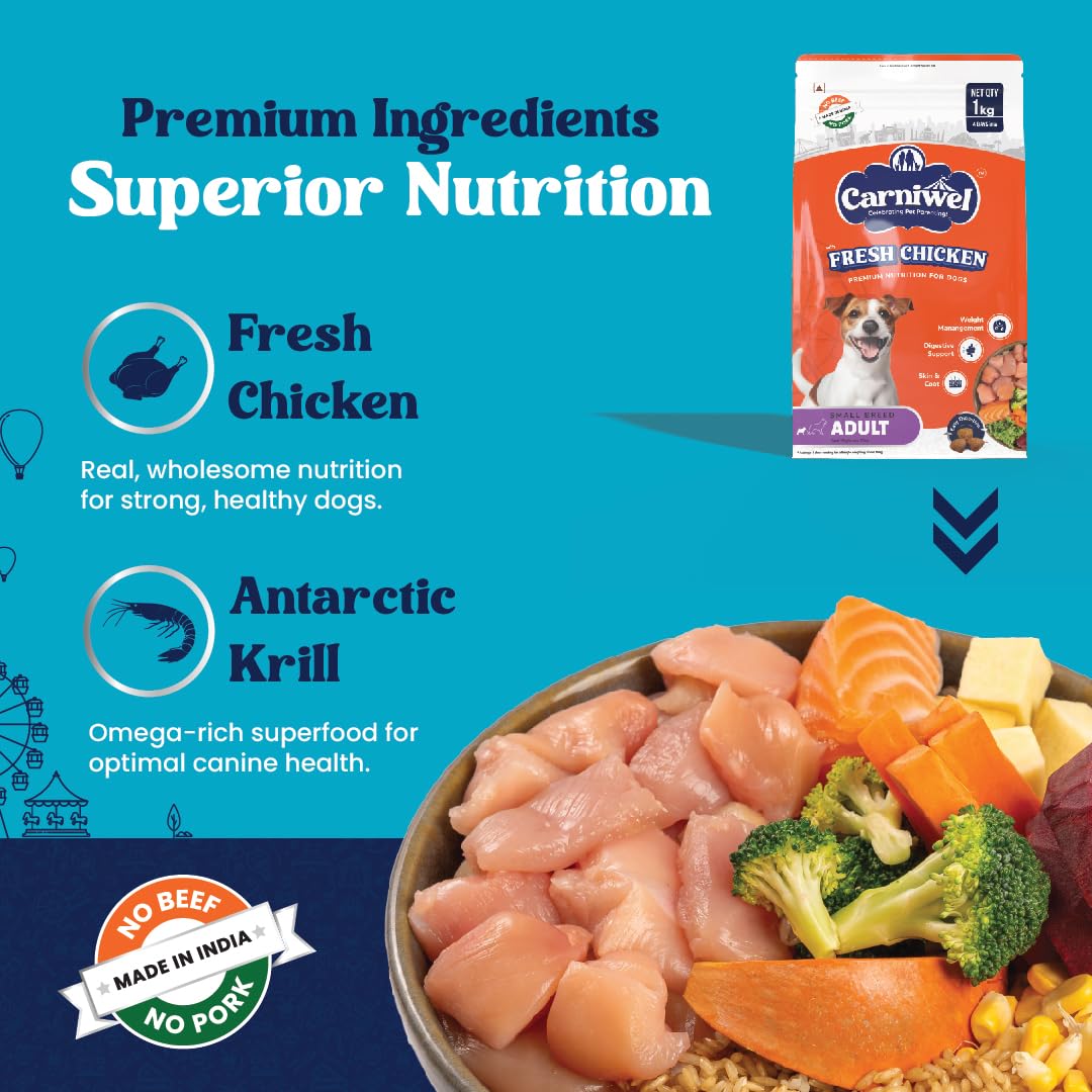 Carniwel Fresh Chicken Adult Dry Dog Food 1kg | Premium Nutrition | Natural Ingredients for Optimal Skin & Coat Health | Highly Palatable | Supports Joint Health