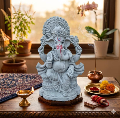 SAUDEEP INDIA 8 Inch Mitti Ganesh Idol | Eco-Friendly Handcrafted Mud/Clay Ganesh Murti | Ganpati Figurine for Ganesh Chaturthi Visarjan | Biodegradable Mukut Ganesha Statue