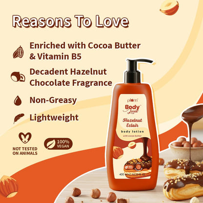 Plum BodyLovin' Hazelnut Eclair Body Lotion | Cocoa Butter & Vitamin B5 for Deep Moisturization | Hazelnut & Vanilla Notes | Non-Greasy & Lightweight | Soft, Smooth & Glazed Skin | For Dry To Very Dry Skin | Toasted Nutty Choco-Vanilla Fragrance | 400ml