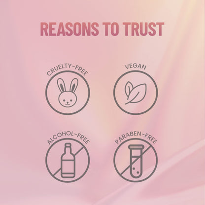 Pink gradient background with 'Reasons to Trust' text and icons for cruelty-free, vegan, alcohol-free, and paraben-free products.