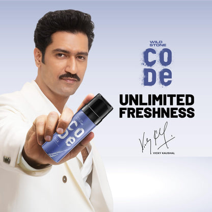 Man holding a 'Code' product with promotional text on a light blue background