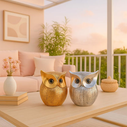 Modern Classy Lucky Owl Combo Resin Art Figure Showpiece (Pack of 2, Golden and Silver)