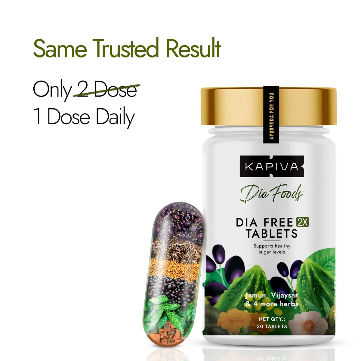 Dia Free 2X Tablets,30 Tablets | Single Dose Daily | Helps Manage Sugar Levels With Karela, Jamun, Gudmar & 3 More | 1 Month Pack