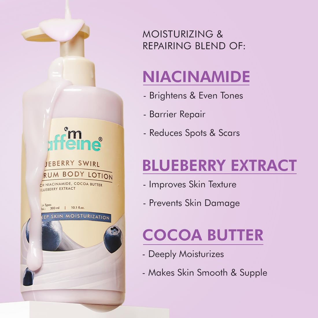Maffeine Blueberry Swirl Body Lotion with ingredients listed on a purple background