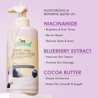 Maffeine Blueberry Swirl Body Lotion with ingredients listed on a purple background