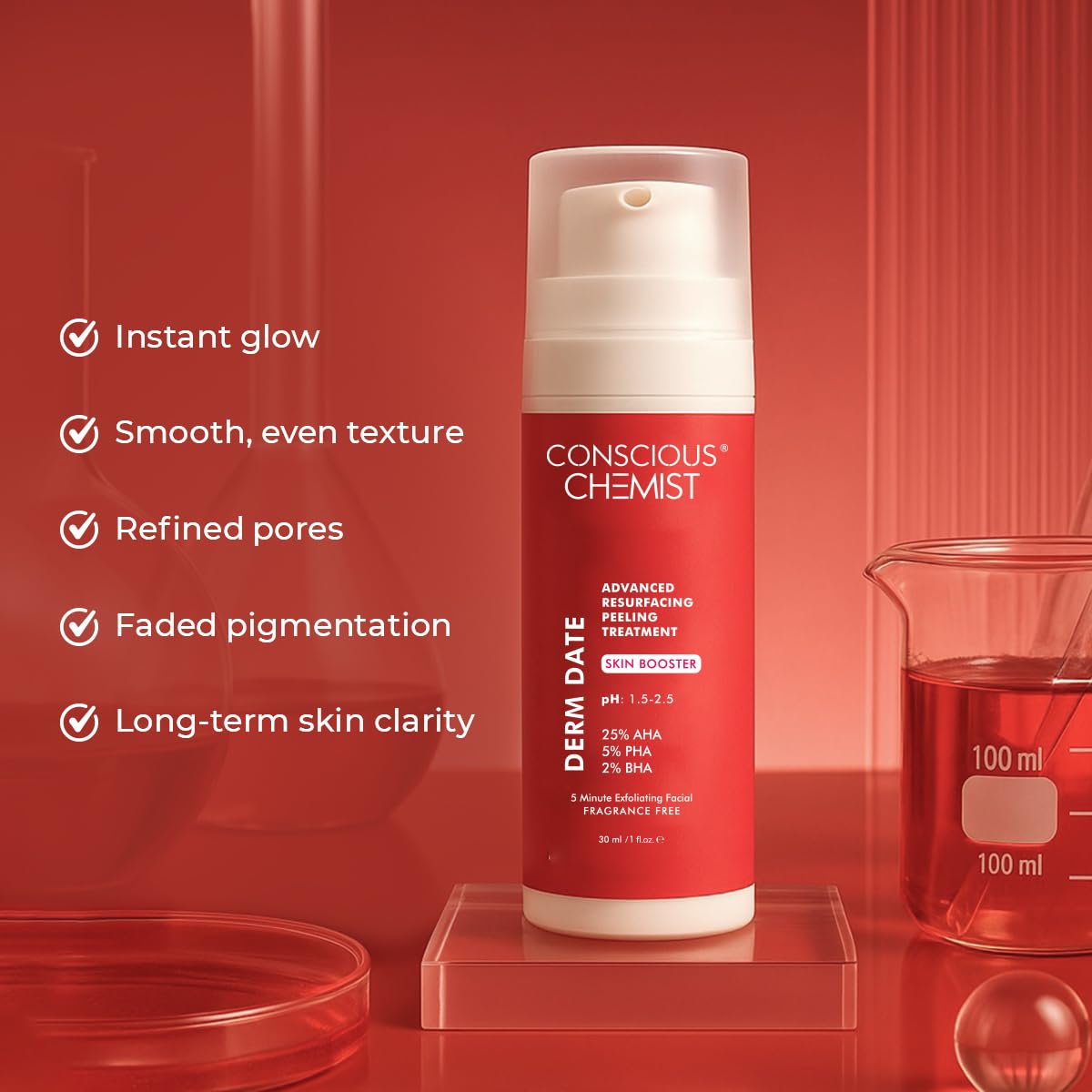Red skincare product with text on a red background