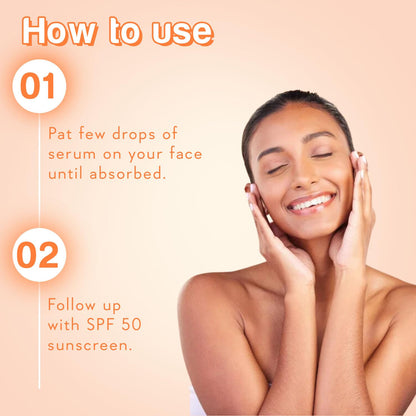 Woman applying serum with text on how to use it on a beige background