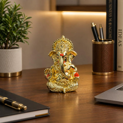 Gold Art India Mukut Ganesha Gold Plated l Ganesh Idol for Car Dashboard | Ganapati Murti for Home Decor | Vinayaka Statute for Puja & Gift 3.2" (GOLDPLATEDMUKUT)